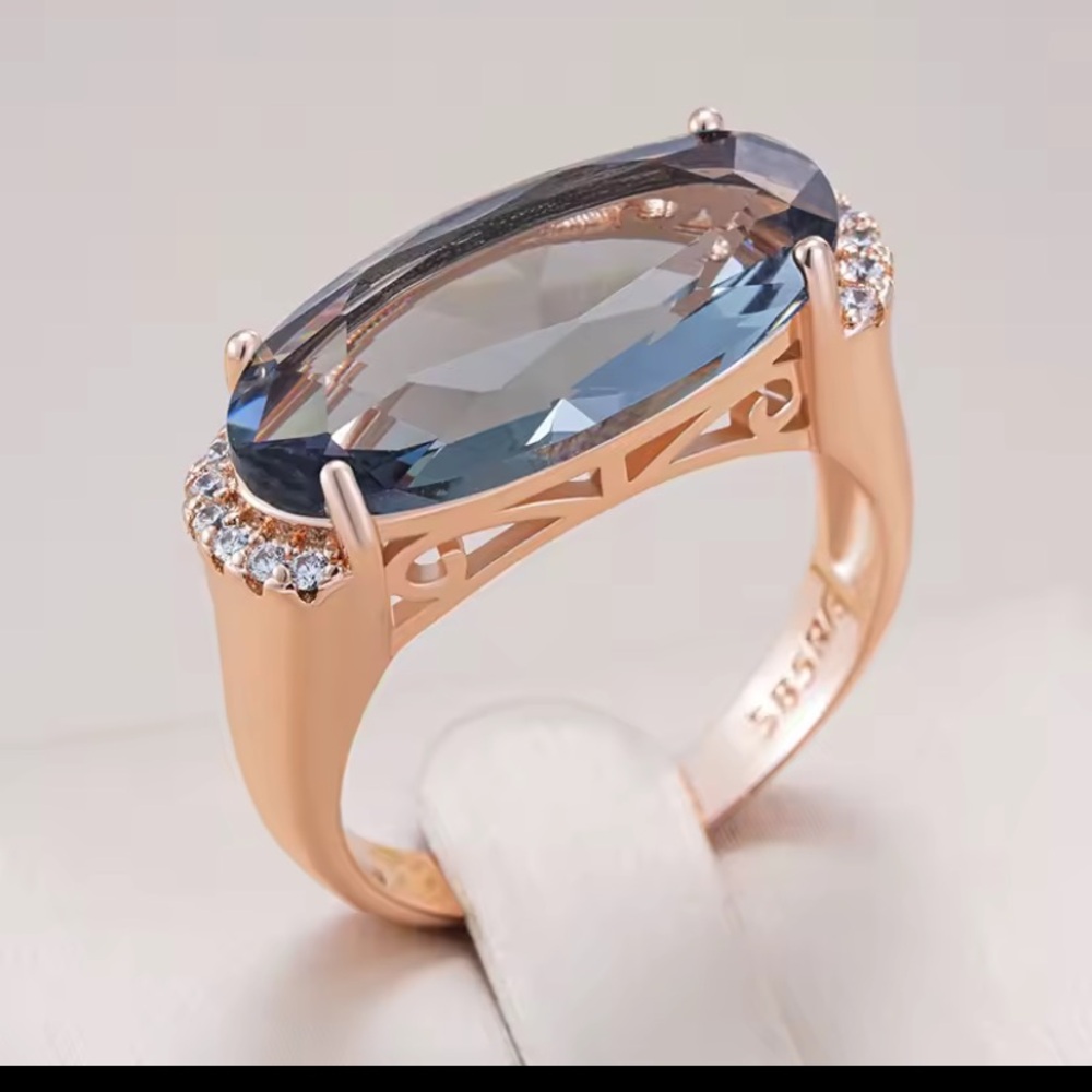 Smokey Blue Grey Quartz and 14/585 Gold Plated Ring with Gemstone 585 RG Stamped